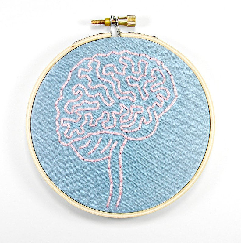 Alt= blue and pink embroidered brain
